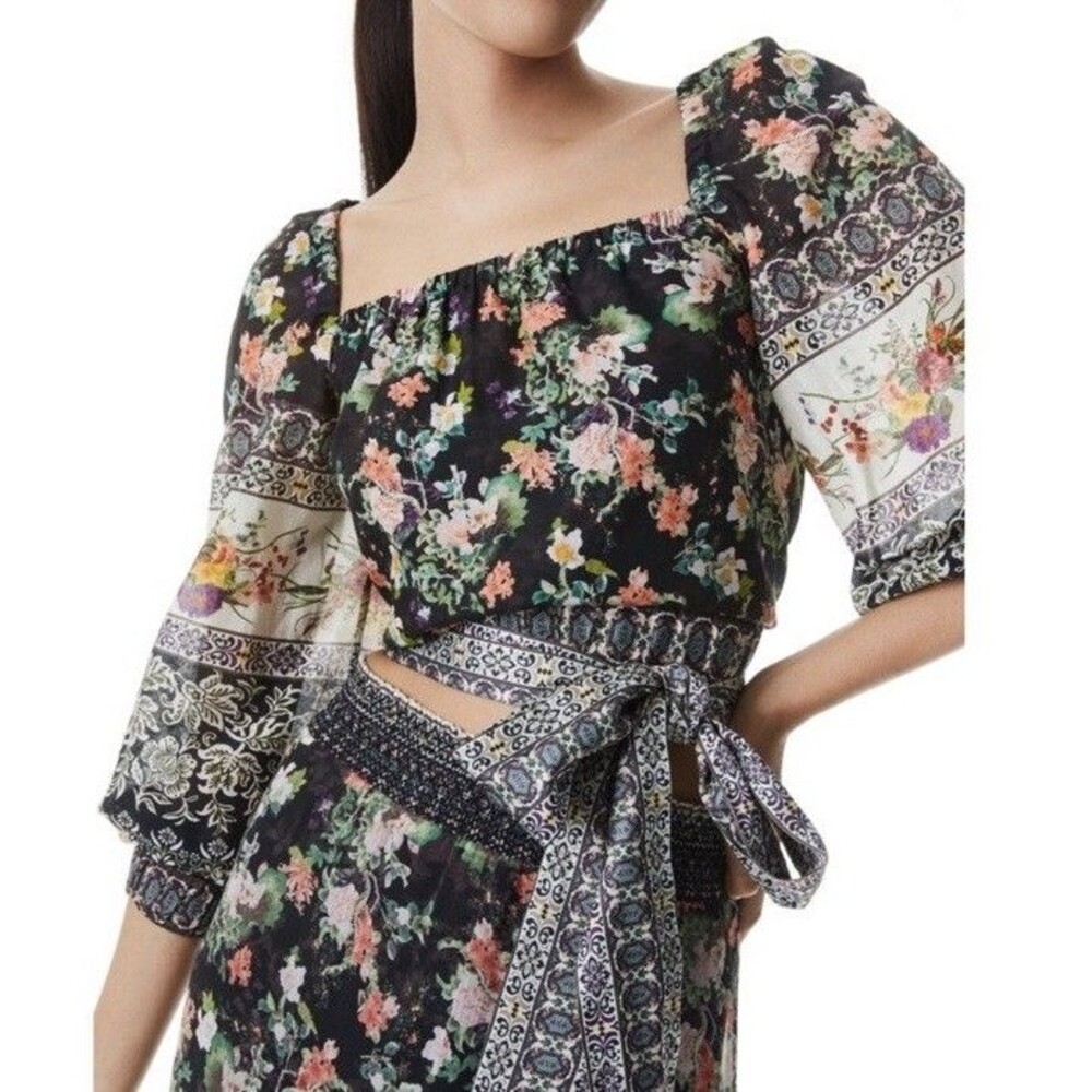 Alice + Olivia Clarabelle Blouse Sz S Floral Print Tie Hem Silk Cotton Blend